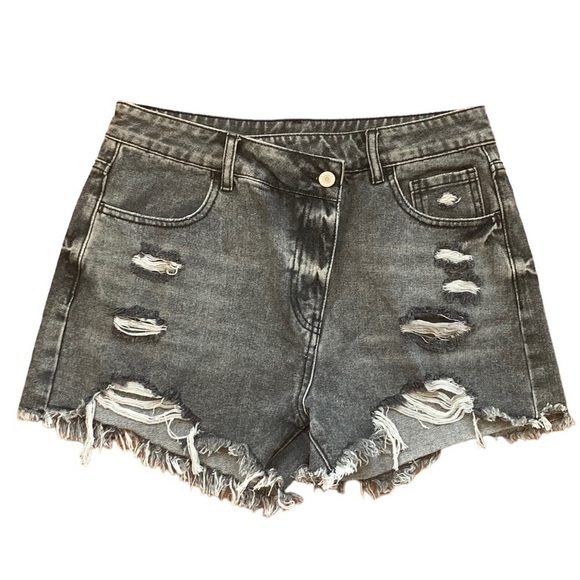 Criss Cross Waist Faded Black Destroyed Cutoff Denim Jean Shorts Size 8 - Picture 1 of 4